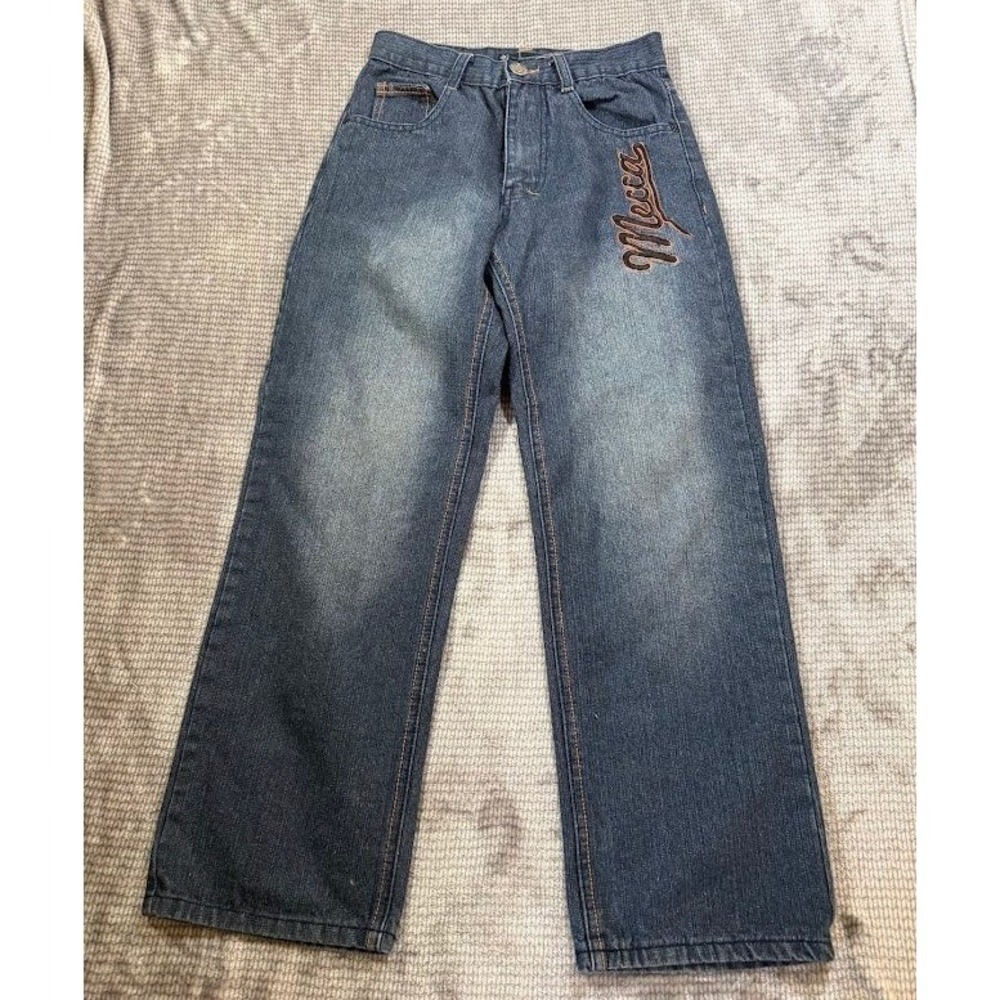 Mecca DNA Boys Blue Jeans Size‎ 12 Wide Leg 24x25 Logo Vintage Wash Denim